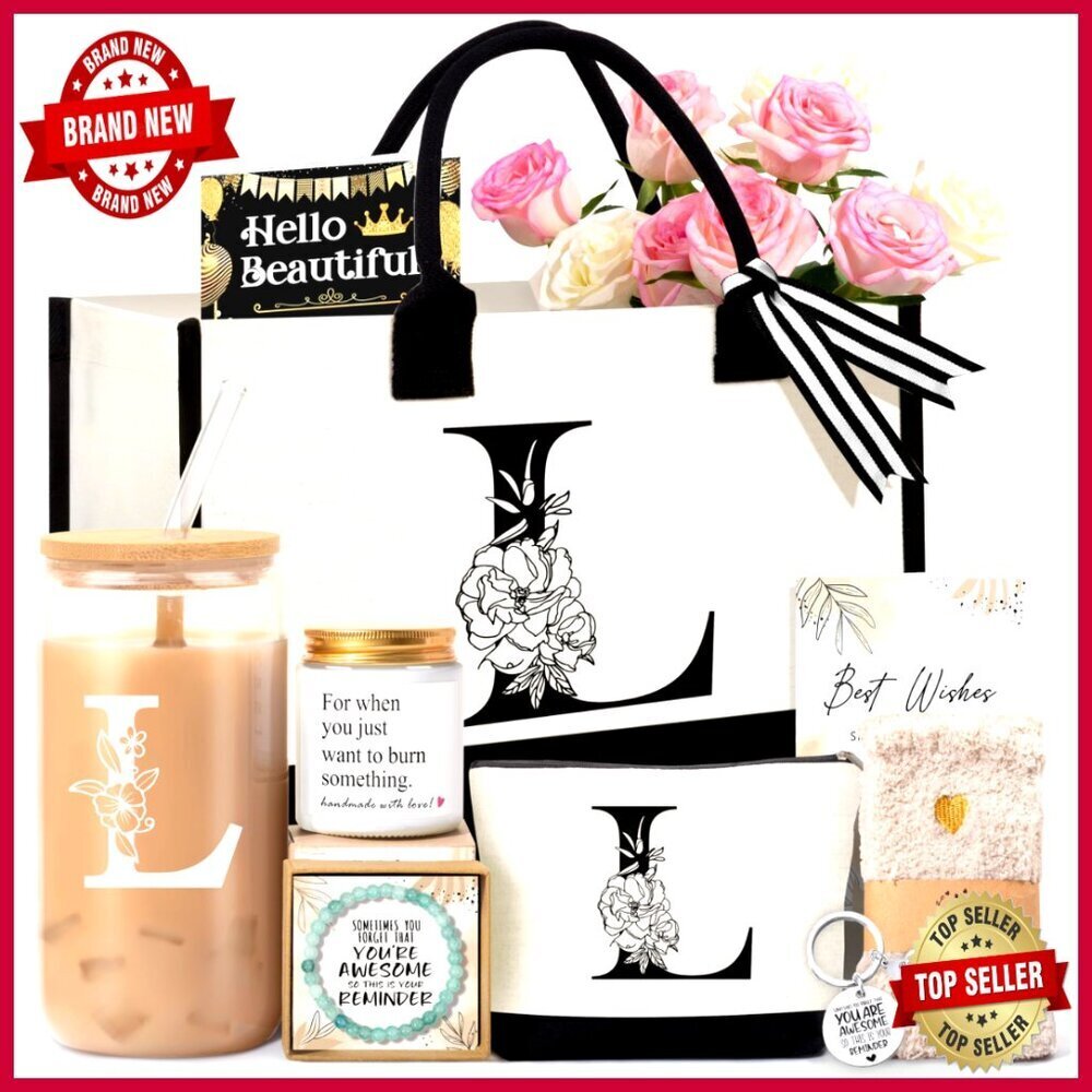 Monogrammed Canvas Tote Bag with Cosmetic Bag, Candle, Bracelet, Socks